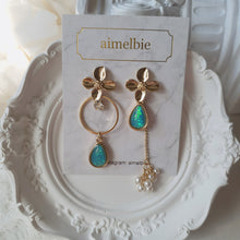 Load image into Gallery viewer, Gold Flowers and Coral Blue Teardrops Earrings
