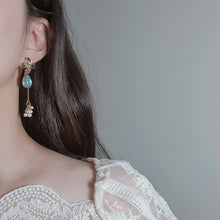 Load image into Gallery viewer, Gold Flowers and Coral Blue Teardrops Earrings