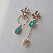 Load image into Gallery viewer, Gold Flowers and Coral Blue Teardrops Earrings