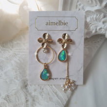 Load image into Gallery viewer, Gold Flowers and Coral Blue Teardrops Earrings