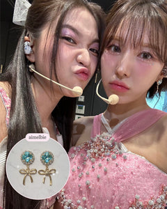 Cushion Square and Ribbon Earrings - Aquamarine (Red Velvet Wendy Earrings)