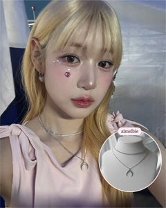 [Aespa NingNing Necklace] Upside Down Crescent Moon Rhinestone Chain Choker Layered Necklace - Silver