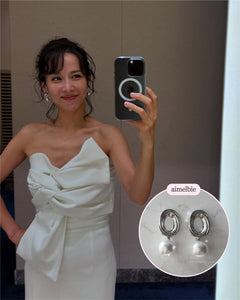 [Cho Yeojeong ('Parasite' Actress) Earrings] Vintage Oval Ring and Pearl Earrings - Silver Color