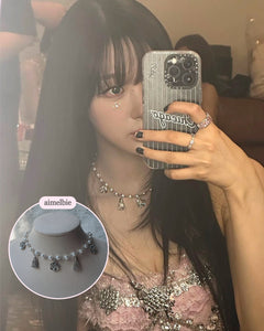 [Aespa Giselle, Red Velvet Wendy, Woo!ah! Nana, STAYC Sumin Necklace] Rose and Tassel Choker Necklace - Silver