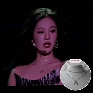 [Aespa NingNing Necklace] Upside Down Crescent Moon Rhinestone Choker Layered Necklace - Silver