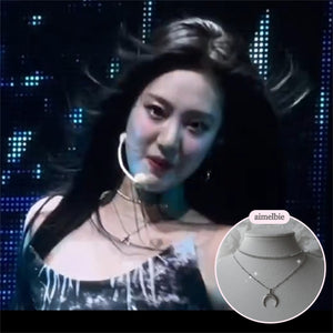 [Aespa NingNing Necklace] Upside Down Crescent Moon Rhinestone Choker Layered Necklace - Silver