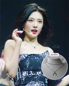 [Aespa NingNing Necklace] Upside Down Crescent Moon Rhinestone Choker Layered Necklace - Silver