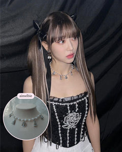 [Aespa Giselle, Red Velvet Wendy Necklace] Rose and Tassel Choker Necklace - Silver