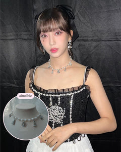 [Aespa Giselle, Red Velvet Wendy Necklace] Rose and Tassel Choker Necklace - Silver