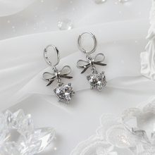 Load image into Gallery viewer, [IU Earrings] Dainty Heart Crystal and Ribbon Huggies Earrings - Silver Color