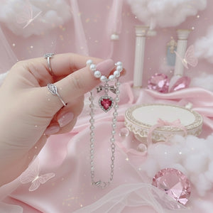 [Jenny Park Necklace] Rosepink Heart and Bow Pearl Choker Necklace
