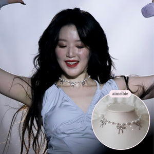 [IVE Rei, Actress Jieun Kim Necklace] Three Ribbons Pearl Choker Necklace - Silver ver.