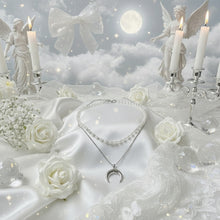 Load image into Gallery viewer, Upside Down Crescent Moon Pearl Layered Necklace - Silver (KISS OF LIFE Belle Necklace)