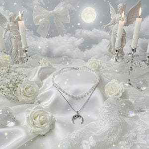 Upside Down Crescent Moon Pearl Layered Necklace - Silver (KISS OF LIFE Belle Necklace)
