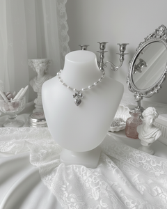 [Red Velvet Irene Necklace] Coquette Ribbon and Heart Locket Pearl Choker - Silver Color