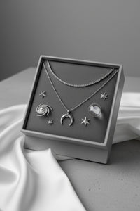 [Aespa NingNing Necklace] Upside Down Crescent Moon Rhinestone Chain Choker Layered Necklace - Silver