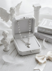 [Red Velvet Irene Necklace] Coquette Ribbon and Heart Locket Pearl Choker - Silver Color
