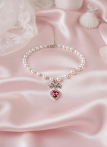 [Jenny Park Necklace] Rosepink Heart and Bow Pearl Choker Necklace