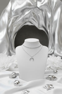 [Aespa NingNing Necklace] Upside Down Crescent Moon Rhinestone Chain Choker Layered Necklace - Silver