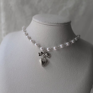 Coquette Ribbon and Heart Locket Pearl Choker - Silver Color