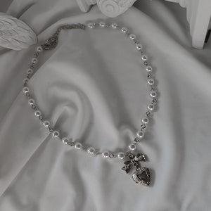 Coquette Ribbon and Heart Locket Pearl Choker - Silver Color