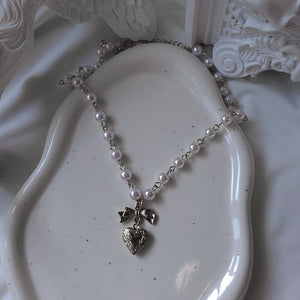 Coquette Ribbon and Heart Locket Pearl Choker - Silver Color