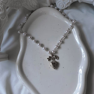 Coquette Ribbon and Heart Locket Pearl Choker - Silver Color
