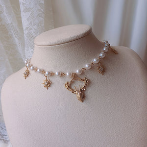 Dear and Star Pearl Necklace - Gold Color