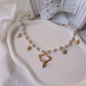 Dear and Star Pearl Necklace - Gold Color