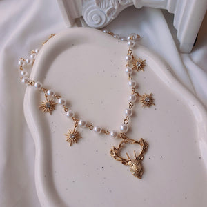 Dear and Star Pearl Necklace - Gold Color