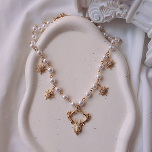 Dear and Star Pearl Necklace - Gold Color