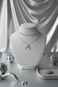 [Aespa NingNing Necklace] Upside Down Crescent Moon Rhinestone Chain Choker Layered Necklace - Silver