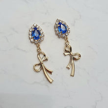 Load image into Gallery viewer, Royal Blue Crystal and Gold Ribbon Earrings