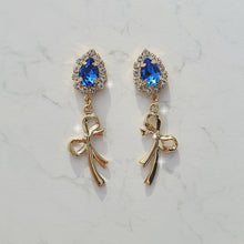 Load image into Gallery viewer, Royal Blue Crystal and Gold Ribbon Earrings