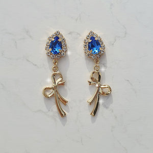 Royal Blue Crystal and Gold Ribbon Earrings