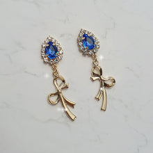 Load image into Gallery viewer, Royal Blue Crystal and Gold Ribbon Earrings