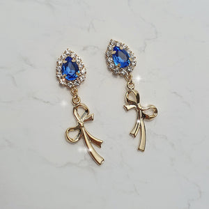 Royal Blue Crystal and Gold Ribbon Earrings