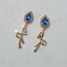 Load image into Gallery viewer, Royal Blue Crystal and Gold Ribbon Earrings