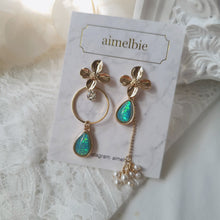 Load image into Gallery viewer, Gold Flowers and Coral Blue Teardrops Earrings