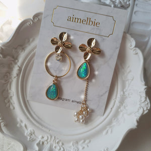 Gold Flowers and Coral Blue Teardrops Earrings
