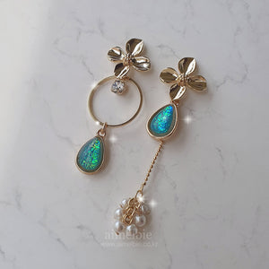 Gold Flowers and Coral Blue Teardrops Earrings