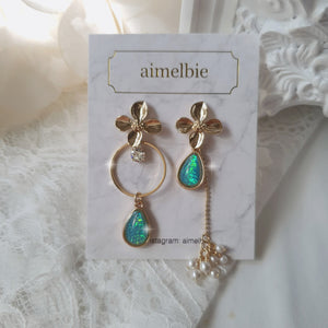 Gold Flowers and Coral Blue Teardrops Earrings