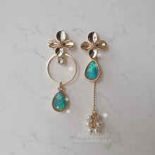 Load image into Gallery viewer, Gold Flowers and Coral Blue Teardrops Earrings