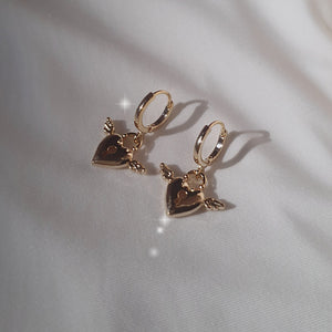 Angelic Heart Lock Huggies Earrings - Gold