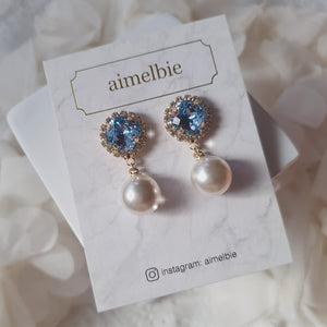 Cushion Square and Pearl Earrings - Light Sapphire