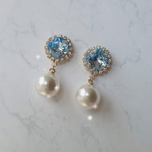 Load image into Gallery viewer, Cushion Square and Pearl Earrings - Light Sapphire