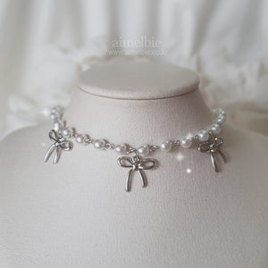 Three Ribbons Pearl Choker Necklace - Silver ver. (IVE Rei, Actress Jieun Kim Necklace)
