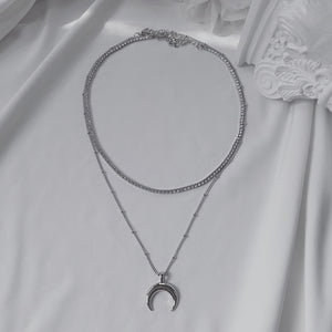 [Aespa NingNing Necklace] Upside Down Crescent Moon Rhinestone Choker Layered Necklace - Silver