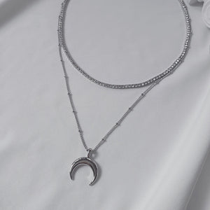 [Aespa NingNing Necklace] Upside Down Crescent Moon Rhinestone Choker Layered Necklace - Silver