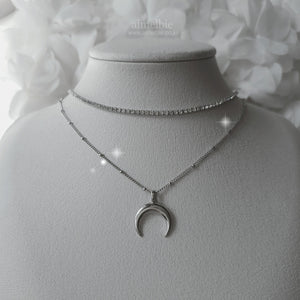 Upside Down Crescent Moon Rhinestone Choker Layered Necklace - Silver (Aespa NingNing Necklace)